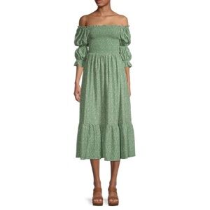 CAARA Opal Green Floral Smocked Off-The-Shoulder Dress
